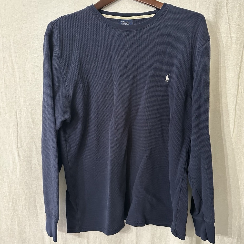 Polo Ralph Lauren Shirt Mens Large Navy Blue Sleepwear Waffle Knit Long Sleeve‎